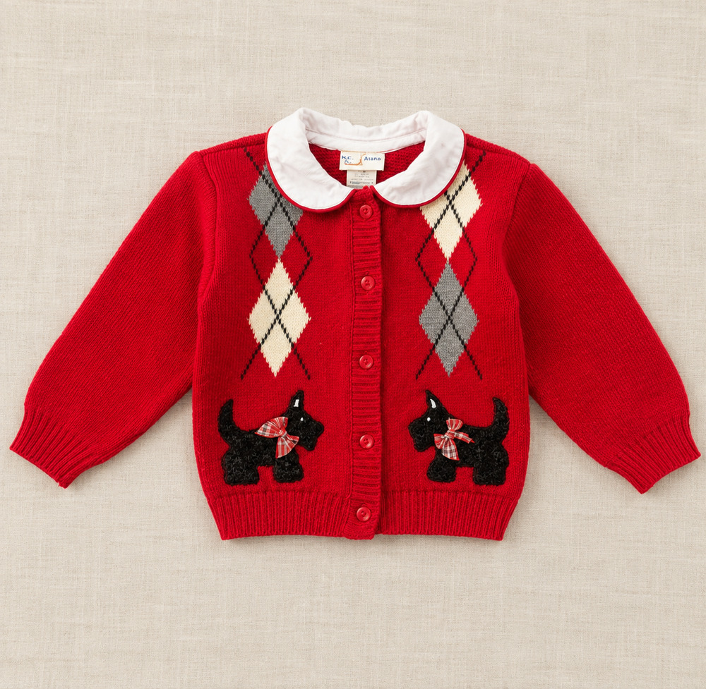 Vintage 1990s Toddler Girls Red Scottie Dog Sweater Cardigan B.T. Kids 2T